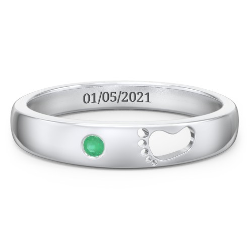 Baby Footprint Cutout Band with Birthstone – Sterling Silver with Emerald