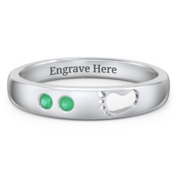 Baby Footprint Cutout Band with 2 Birthstones in 925 Sterling Silver with Emerald
