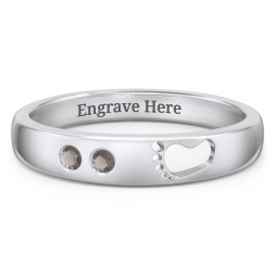 Baby Footprint Cutout Band with 2 Birthstones in 925 Sterling Silver with Smokey Quartz