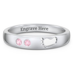 Baby Footprint Cutout Band with 2 Birthstones in 925 Sterling Silver with Pink Tourmaline