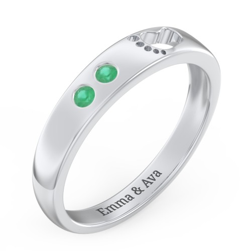 Baby Footprint Cutout Band with 2 Birthstones – Sterling Silver with Emerald