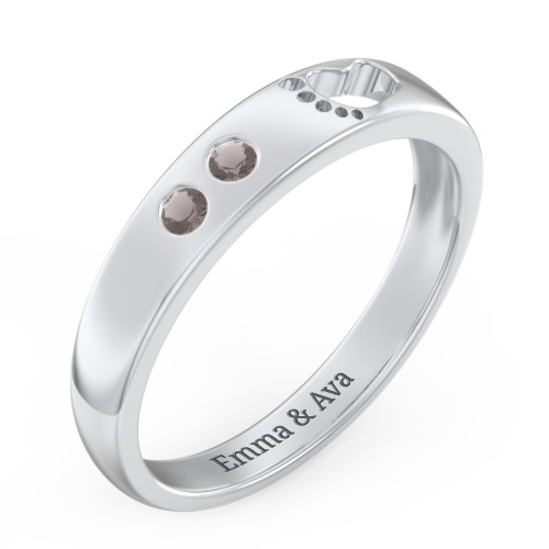 Baby Footprint Cutout Band with 2 Birthstones – Sterling Silver with Smokey Quartz