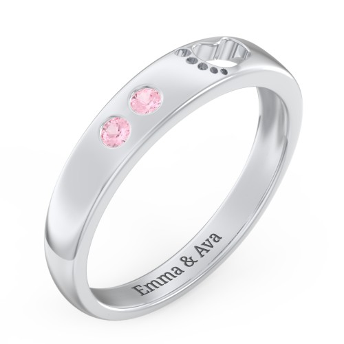 Baby Footprint Cutout Band with 2 Birthstones – Sterling Silver with Pink Tourmaline