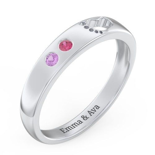 Baby Footprint Cutout Band with 2 Birthstones – Sterling Silver with Amethyst and Ruby