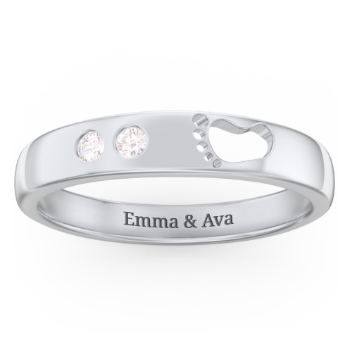 Baby Footprint Cutout Band with 2 Birthstones – Sterling Silver with Diamond