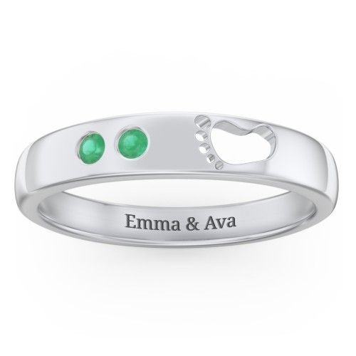 Baby Footprint Cutout Band with 2 Birthstones – Sterling Silver with Emerald