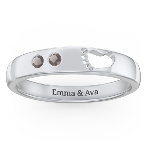 Baby Footprint Cutout Band with 2 Birthstones – Sterling Silver with Smokey Quartz