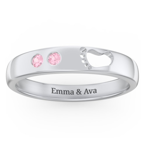Baby Footprint Cutout Band with 2 Birthstones – Sterling Silver with Pink Tourmaline