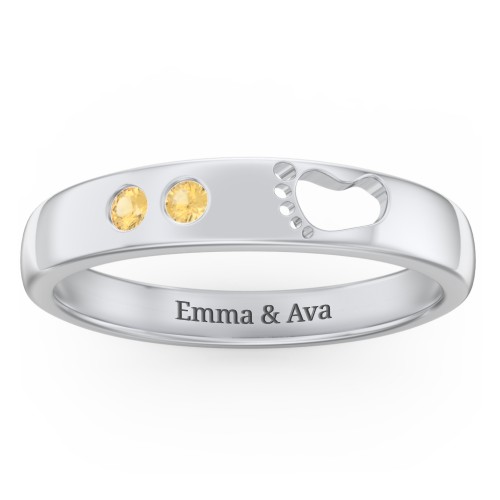 Baby Footprint Cutout Band with 2 Birthstones – Sterling Silver with Citrine