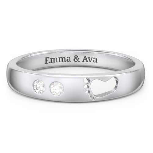 Baby Footprint Cutout Band with 2 Birthstones – Sterling Silver with Diamond