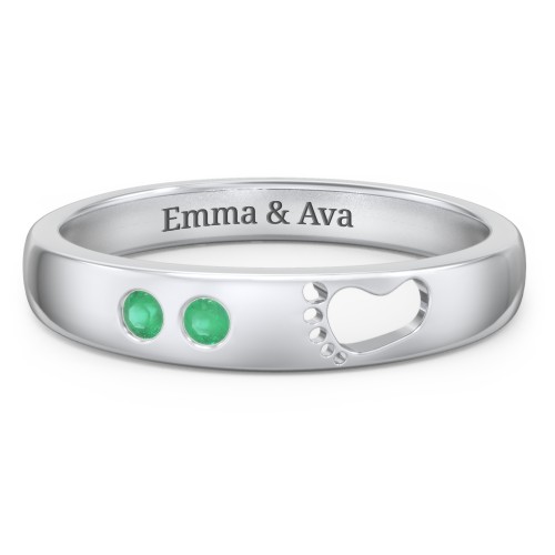 Baby Footprint Cutout Band with 2 Birthstones – Sterling Silver with Emerald