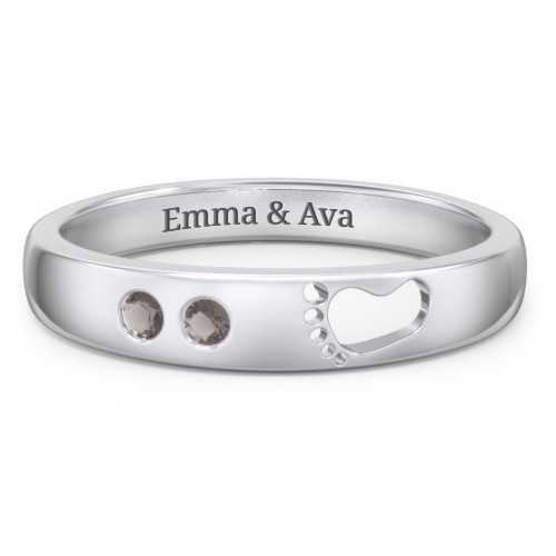 Baby Footprint Cutout Band with 2 Birthstones – Sterling Silver with Smokey Quartz