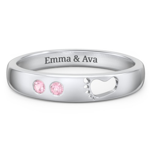 Baby Footprint Cutout Band with 2 Birthstones – Sterling Silver with Pink Tourmaline