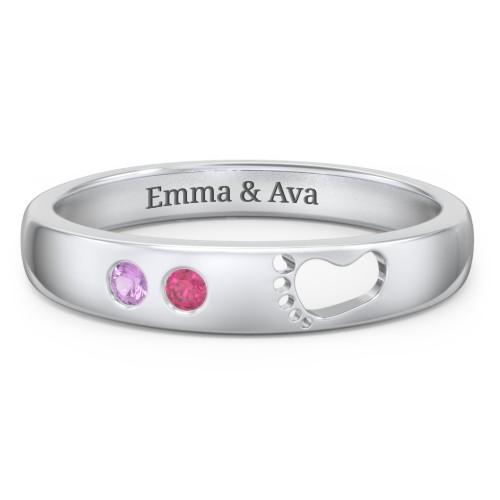 Baby Footprint Cutout Band with 2 Birthstones – Sterling Silver with Amethyst and Ruby