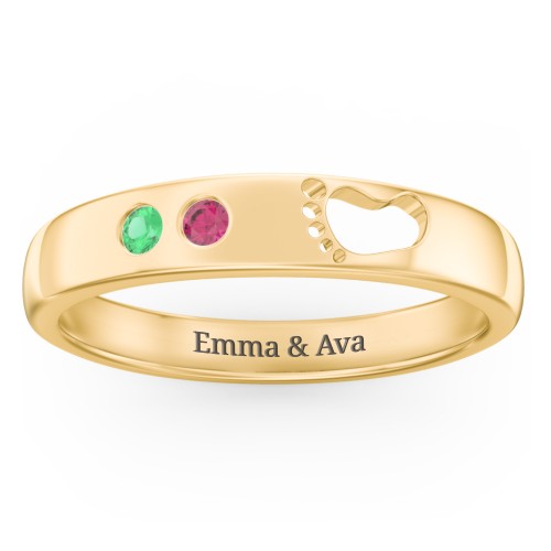 Baby Footprint Cutout Band with 2 Birthstones – 10K Yellow Gold with Emerald and Ruby