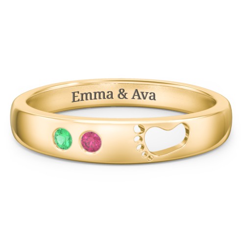 Baby Footprint Cutout Band with 2 Birthstones – 10K Yellow Gold with Emerald and Ruby