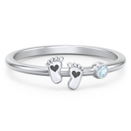 Dainty Baby Feet Ring with Birthstone in 925 Sterling Silver