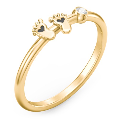 Dainty Baby Feet Ring with Birthstone – 10K Yellow Gold with Cubic Zirconia