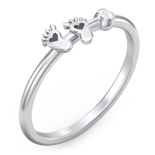 Dainty Baby Feet Ring with Birthstone – Sterling Silver with Opal