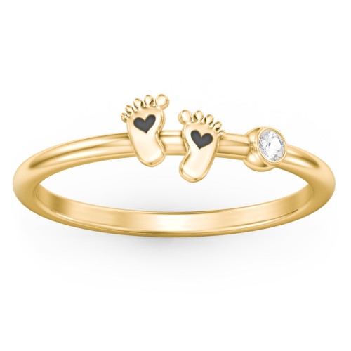 Dainty Baby Feet Ring with Birthstone – 10K Yellow Gold with Cubic Zirconia