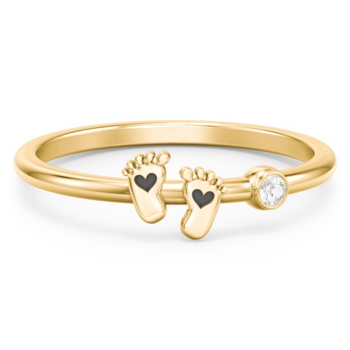 Dainty Baby Feet Ring with Birthstone – 10K Yellow Gold with Cubic Zirconia