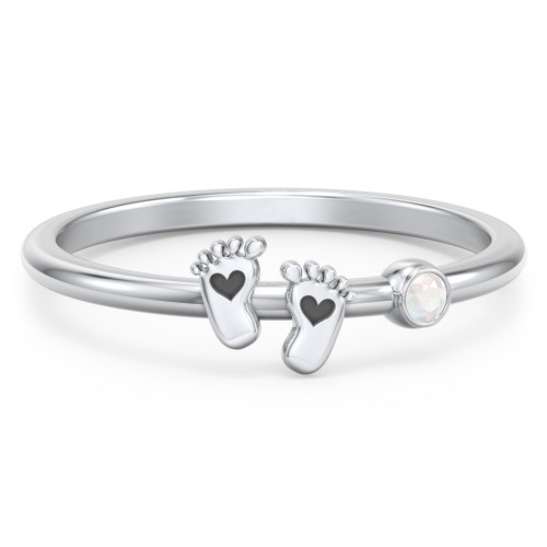 Dainty Baby Feet Ring with Birthstone – Sterling Silver with Opal