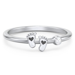 Dainty Baby Feet Ring with Birthstone in 925 Sterling Silver with Diamond