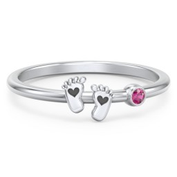 Dainty Baby Feet Ring with Birthstone in 925 Sterling Silver with Ruby