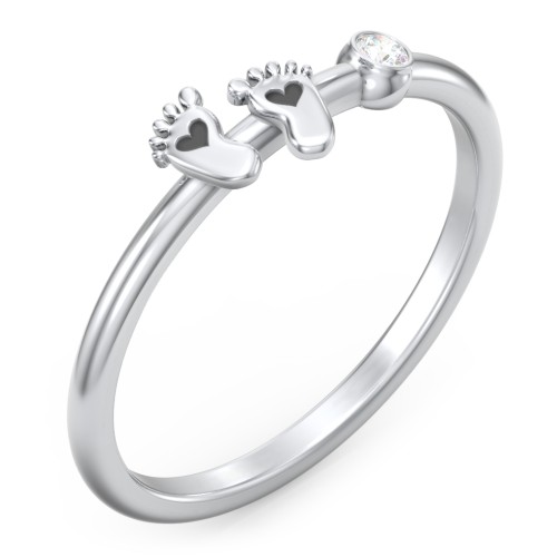 Dainty Baby Feet Ring with Birthstone – Sterling Silver with Diamond