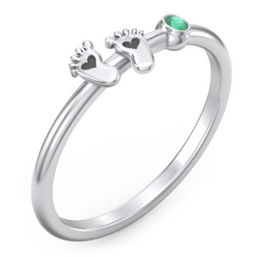 Dainty Baby Feet Ring with Birthstone – Sterling Silver with Emerald
