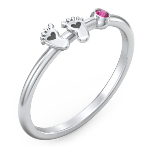 Dainty Baby Feet Ring with Birthstone – Sterling Silver with Ruby