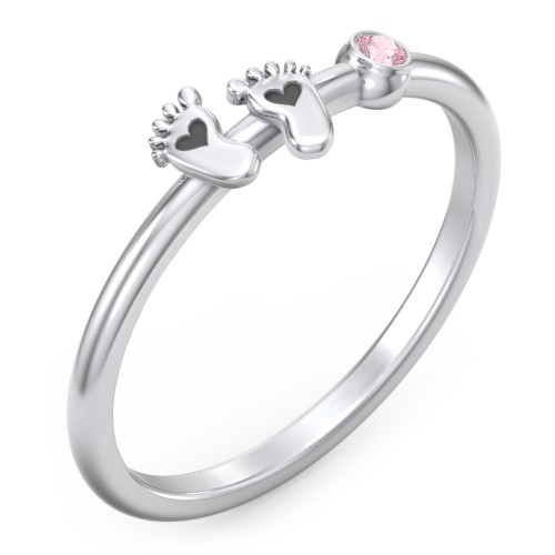 Dainty Baby Feet Ring with Birthstone – Sterling Silver with Pink Tourmaline