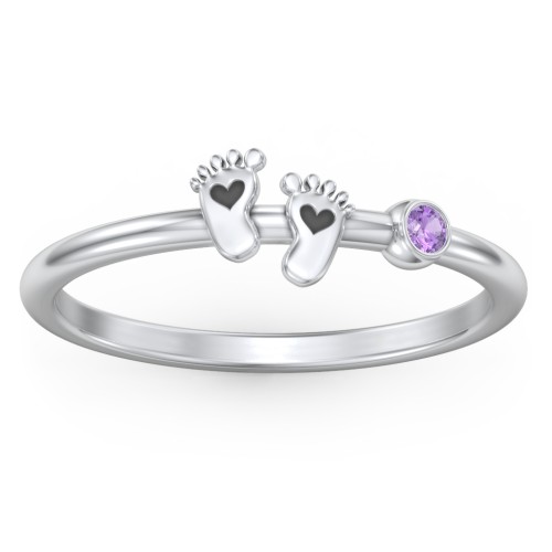 Dainty Baby Feet Ring with Birthstone – Sterling Silver with Amethyst