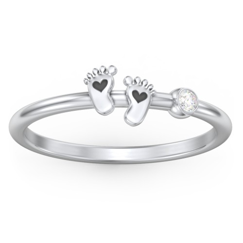 Dainty Baby Feet Ring with Birthstone – Sterling Silver with Diamond
