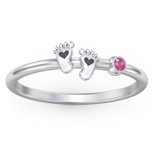 Dainty Baby Feet Ring with Birthstone – Sterling Silver with Ruby