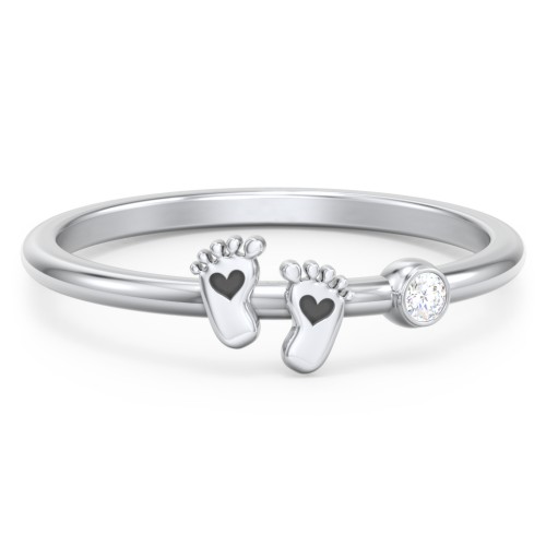 Dainty Baby Feet Ring with Birthstone – Sterling Silver with Diamond