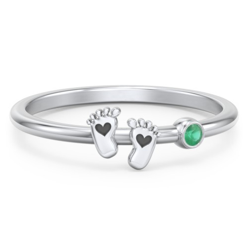 Dainty Baby Feet Ring with Birthstone – Sterling Silver with Emerald