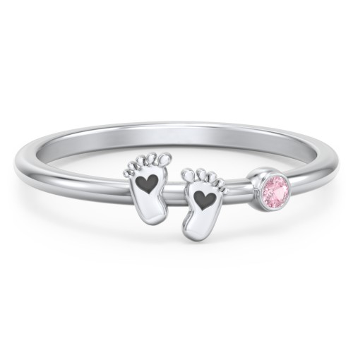 Dainty Baby Feet Ring with Birthstone – Sterling Silver with Pink Tourmaline