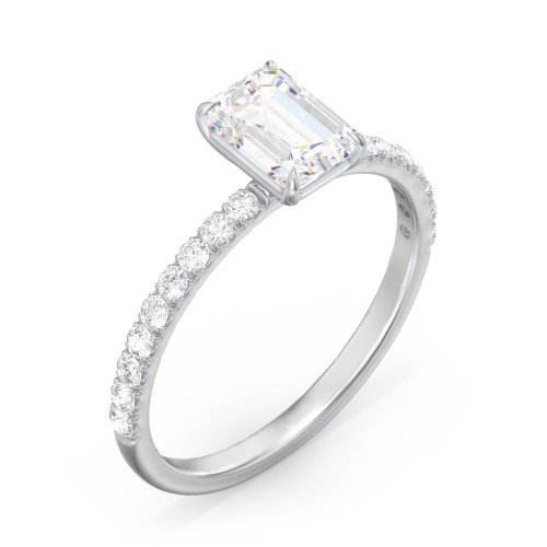 1 ct. (7x5mm) Emerald Moissanite Engagement Ring With 1.5mm Side Stones – 10K White Gold with Moissanite and Lab Diamond
