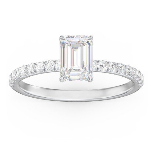 1 ct. (7x5mm) Emerald Moissanite Engagement Ring With 1.5mm Side Stones – 10K White Gold with Moissanite and Lab Diamond