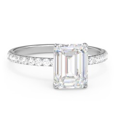 3 ct. (9x7mm) Emerald Moissanite Engagement Ring With 1.5mm Side Stones – 10K White Gold with Moissanite and Lab Diamond