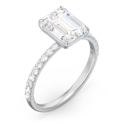 3 ct. (9x7mm) Emerald Moissanite Engagement Ring With 1.5mm Side Stones – 10K White Gold with Moissanite and Lab Diamond