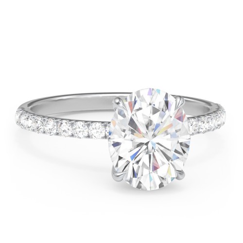 3 ct. (10x8mm) Oval Moissanite Engagement Ring With 1.5mm Side Stones – 10K White Gold with Moissanite and Lab Diamond