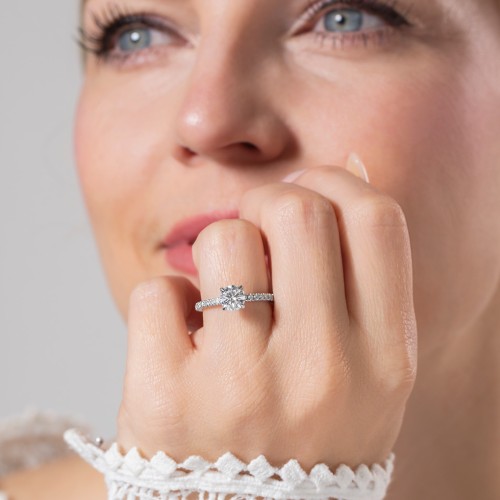 1 ct. (6.5mm) Moissanite Engagement Ring With 1.5mm Side Stones – 10K White Gold with Moissanite and Lab Diamond