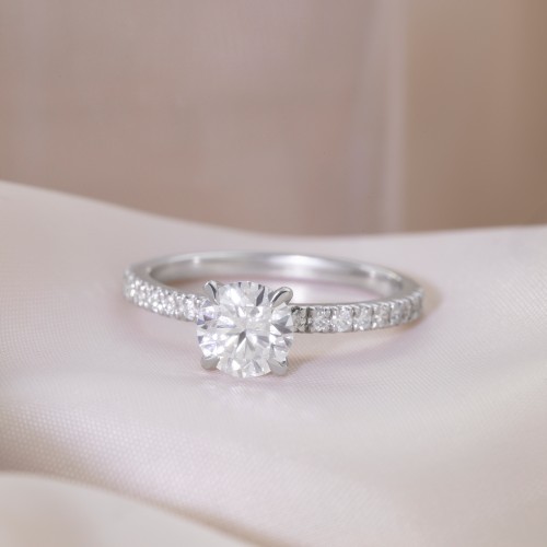1 ct. (6.5mm) Moissanite Engagement Ring With 1.5mm Side Stones – 10K White Gold with Moissanite and Lab Diamond