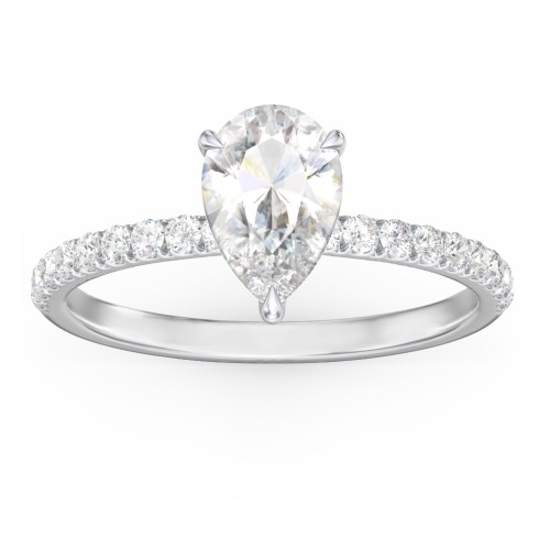 1.5 ct. (9x6mm) Pear Moissanite Engagement Ring With 1.5mm Side Stones – 10K White Gold with Moissanite and Lab Diamond