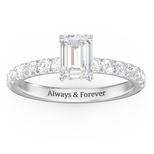 1 ct. (7x5mm) Emerald-Cut Moissanite Engagement Ring With 2mm Side Stones – 10K White Gold with Moissanite and Lab Diamond