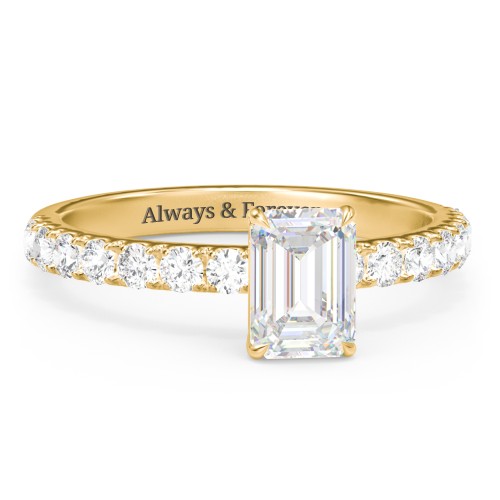 1 ct. (7x5mm) Emerald-Cut Moissanite Engagement Ring With 2mm Side Stones – 10K Yellow Gold with Moissanite and Lab Diamond