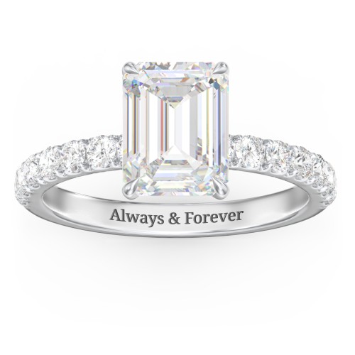 3 ct. (9x7mm) Emerald-Cut Moissanite Engagement Ring With 2mm Side Stones – 10K White Gold with Moissanite and Lab Diamond