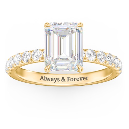 3 ct. (9x7mm) Emerald-Cut Moissanite Engagement Ring With 2mm Side Stones – 10K Yellow Gold with Moissanite and Lab Diamond